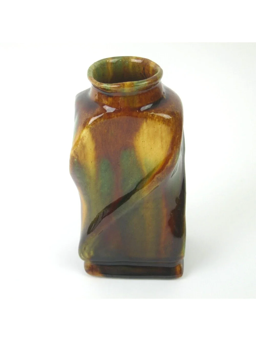 Antique Rockingham Glaze Art Pottery Twisted Square Vase 5